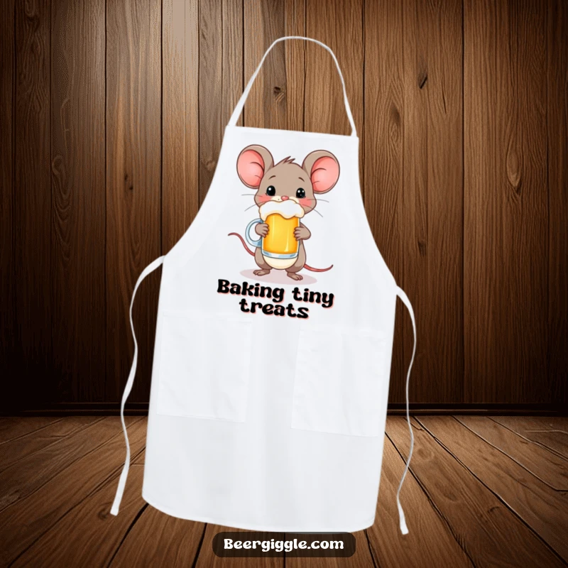 Funny apron showcasing a happy mouse character carefully balancing a small beer mug, adding humor to kitchen activities.