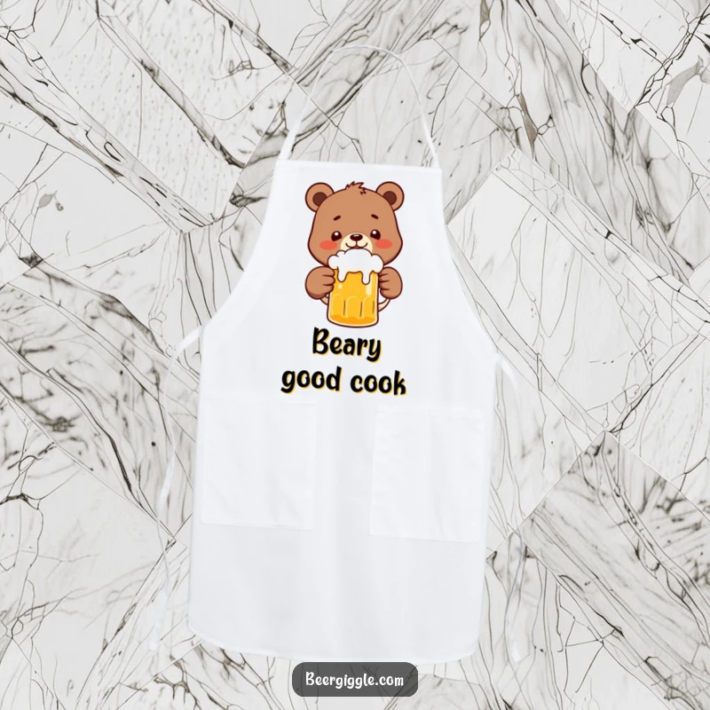 Funny Bear Apron: A happy bear character clinking a frothy beer mug, designed for chefs and beer lovers alike.