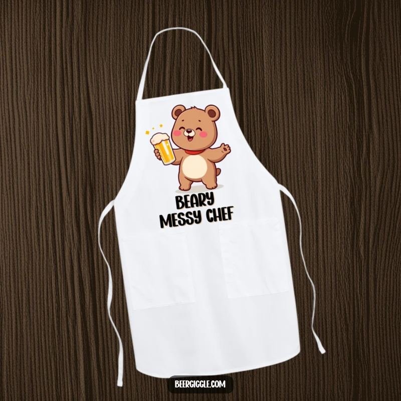 Funny bear apron showing a cute character doing a happy dance while holding a beer, for cooking.