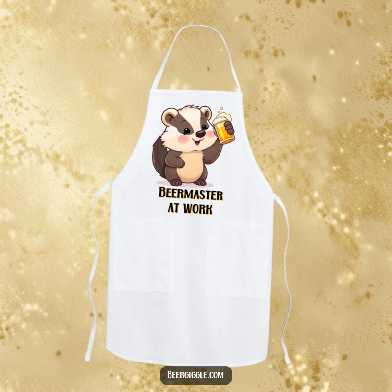 Funny Apron featuring a satisfied badger character holding a beer stein, ideal for chefs who love to cook and enjoy beer.