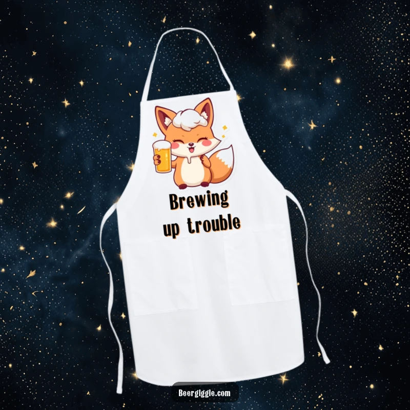 Funny kawaii fox winking with a beer, depicted on a practical apron for kitchen humor and protection.