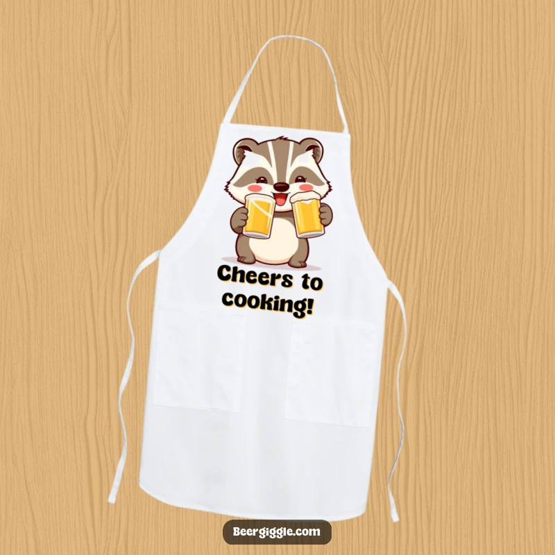 Funny Badger Toast Apron: A cheerful badger raises two mugs in a toast, perfect for hilarious kitchen fun.