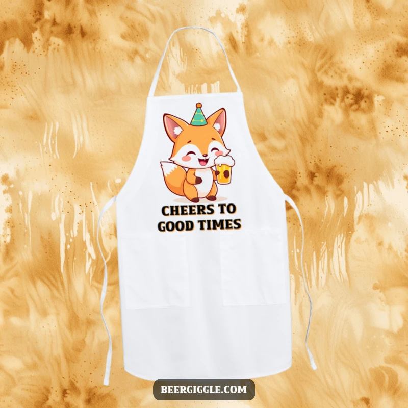 Funny Fox Party Beer Apron: A smiling fox in a party hat holding a beer, ready for hilarious kitchen fun.