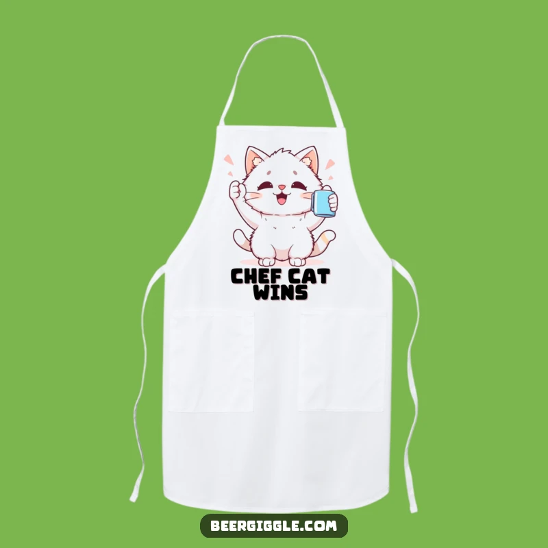 Funny Kawaii Cat Apron: Chef's Apron with Cat Cheering Mug, Fun Gift