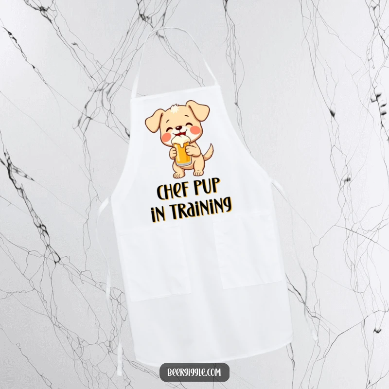 Funny puppy wagging its tail and holding a small beer, making this apron a hilarious and practical kitchen accessory.
