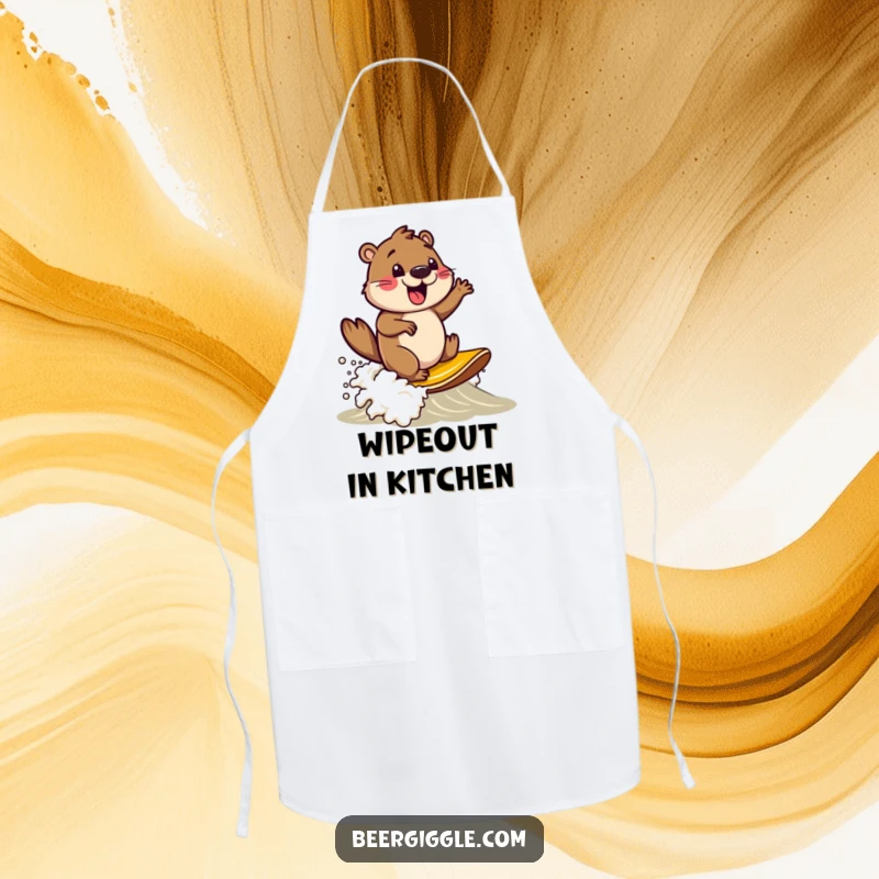 Funny beaver character surfing on a beer foam wave, durable apron for cooking, bringing humor to the kitchen.