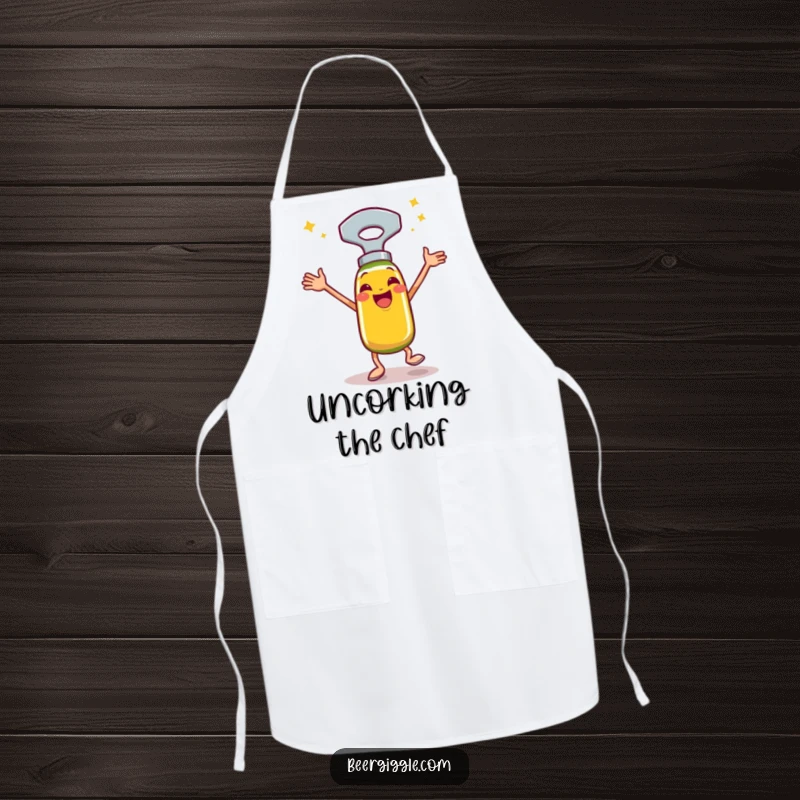 Funny bottle opener apron, happy, performing a celebratory jig, kitchen accessory, cooking wear, humorous gift.