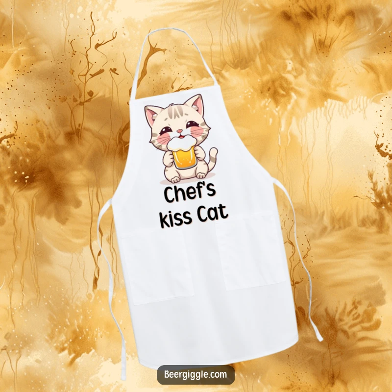 Funny Cat Apron: A playful cat character enjoying a frothy beer, designed for chefs and cat enthusiasts.