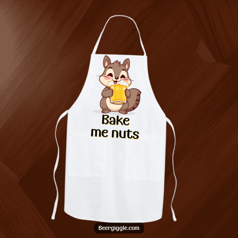 Funny apron with a cheerful squirrel character holding a beer mug, ideal for adding woodland humor to cooking and baking activities.