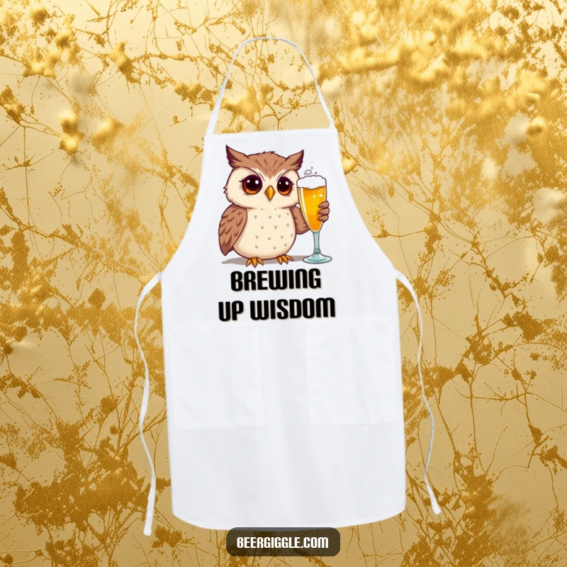 Funny apron with a curious owl character observing a beer glass, bringing humor to cooking and baking tasks.