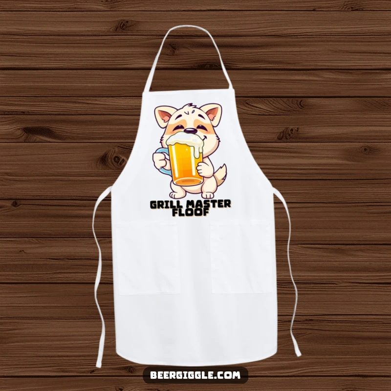 Funny dog apron showing a happy character gleefully chugging from a beer mug, great for cooking.