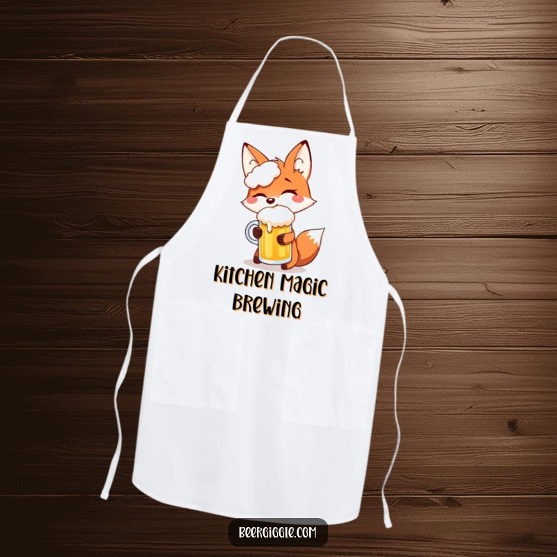 Funny fox giggling while balancing a beer mug on its snout, making this apron a hilarious and practical kitchen accessory.