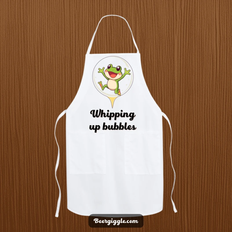 Funny Frog Apron: A joyful frog character leaping into a fizzy beer bubble, a fun kitchen accessory.