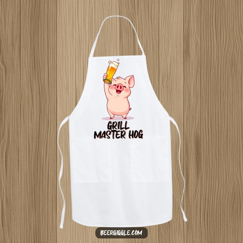 Funny apron featuring a gleeful pig character holding a beer bottle, perfect for adding humor to cooking and grilling activities.