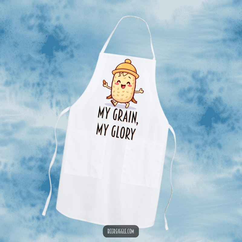 Funny kawaii barley character joyfully marching with a mini foam hat on a cooking apron, perfect for kitchen cheer. Great gift.
