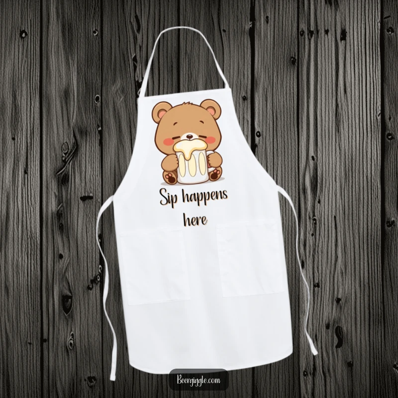Funny kawaii bear stein apron featuring a happy bear sipping, designed for humorous cooking and baking.