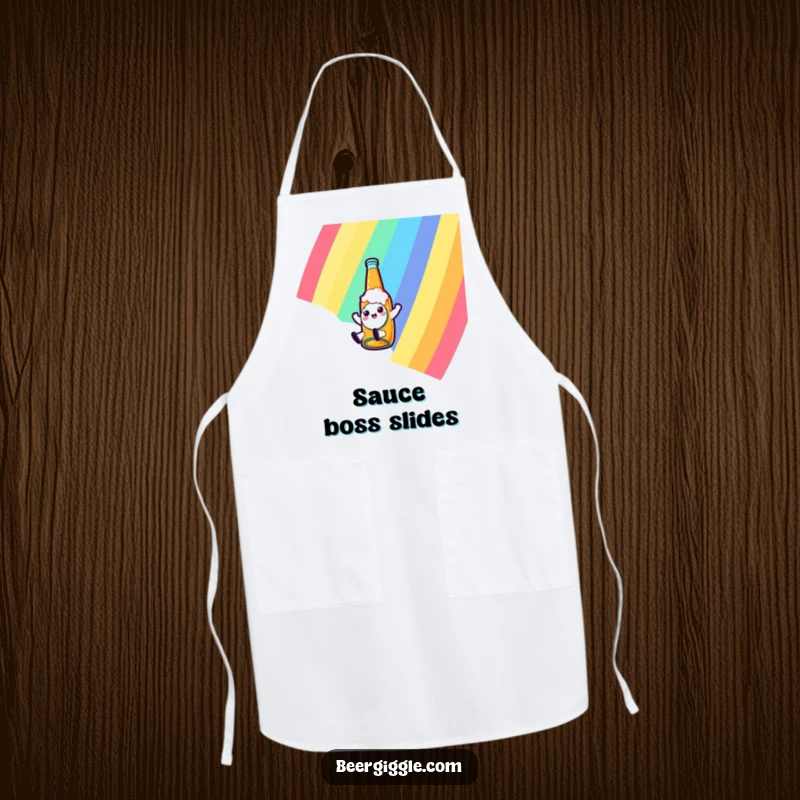 Funny kawaii beer bottle character sliding down a rainbow on a kitchen apron, adding a playful and humorous touch to culinary activities.