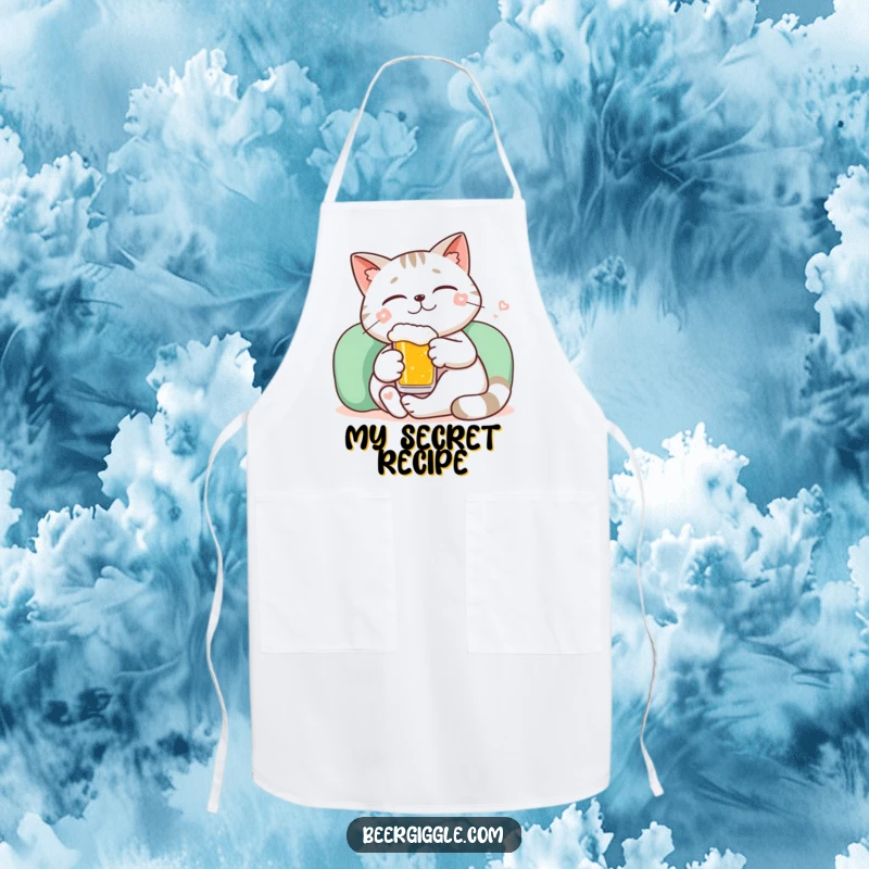 Funny kawaii cat lounging with a tiny beer and a smile on a practical apron.