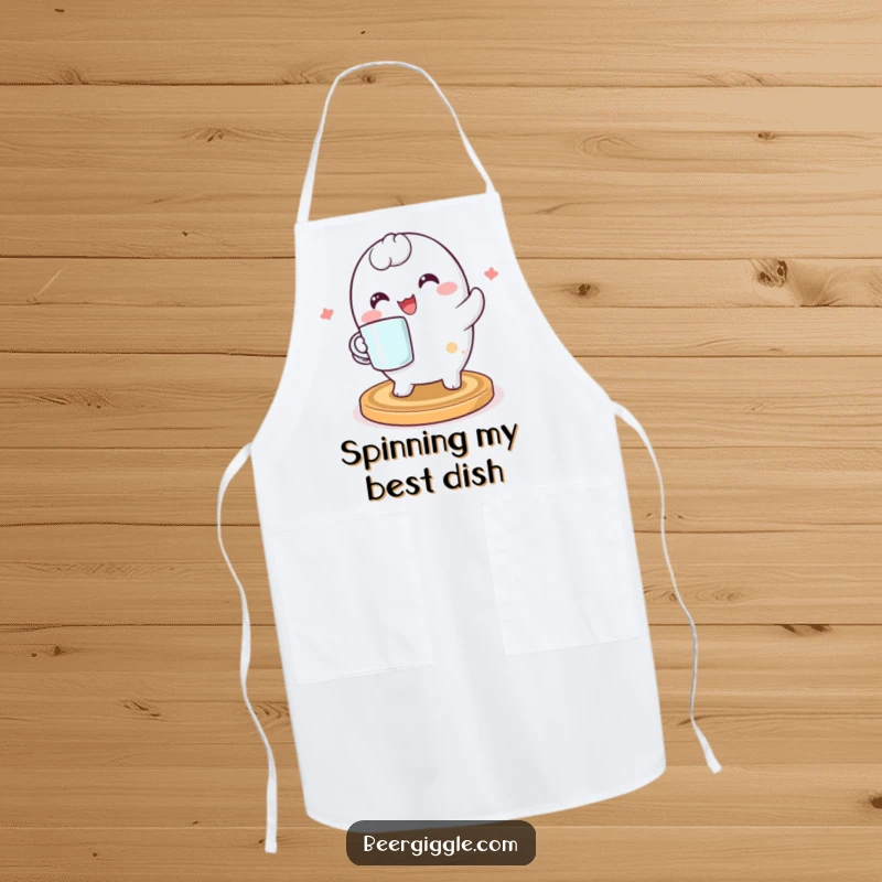 Funny kawaii coaster character spinning joyfully on a kitchen apron, adding a touch of playful charm and humor to cooking and baking tasks.
