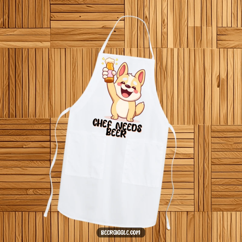 Funny Kawaii Dog Beer Toast Apron: A happy dog celebrating with a beer bottle while cooking. Wearable humor for kitchen enthusiasts.