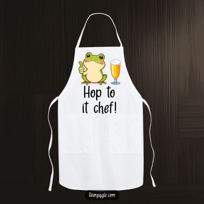 Funny Kawaii Frog Thumbs Up Apron: A happy frog giving a thumbs up next to a beer. Humorous and practical kitchen wear.