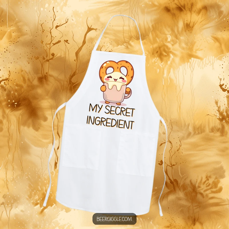 Funny kawaii pretzel character winking while balancing a frothy mug on a cooking apron, perfect for kitchen fun. Great gift.