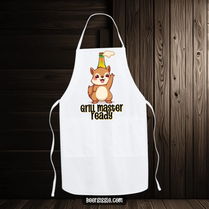 Funny kawaii squirrel beer apron featuring a happy squirrel holding a beer bottle aloft, great for party cooking.