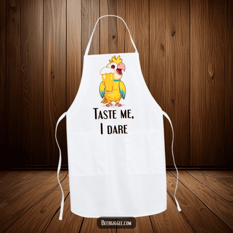 Funny Apron featuring a happy parrot mimicking a toast with a beer, ideal for chefs who love a tropical theme.