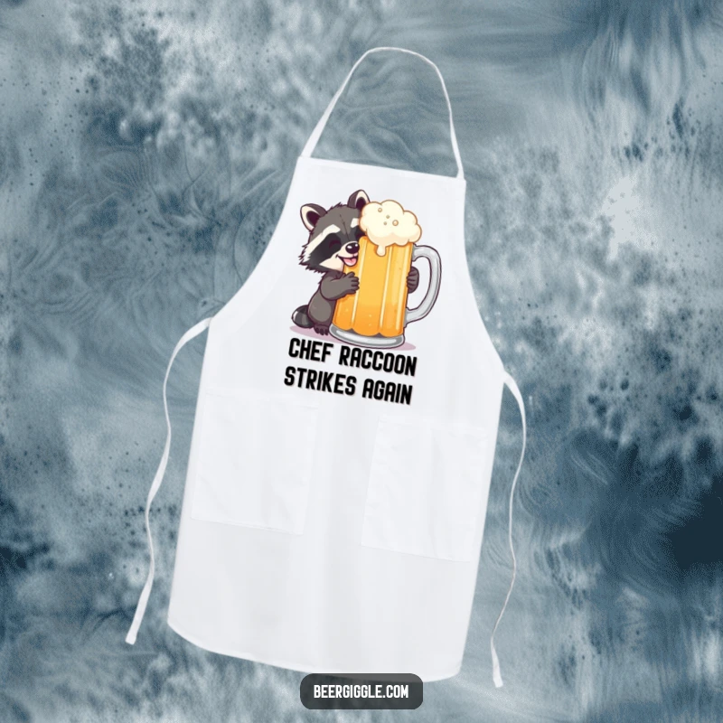 Funny raccoon grinning while sneaking a sip of beer from a large mug, making this apron a hilarious and practical kitchen accessory.