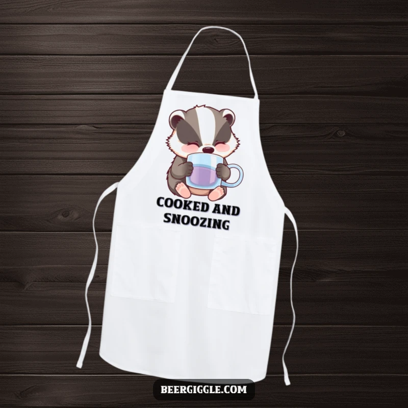 Funny Badger Apron: A sleepy badger character nodding off with a half-empty beer mug, a funny kitchen accessory.
