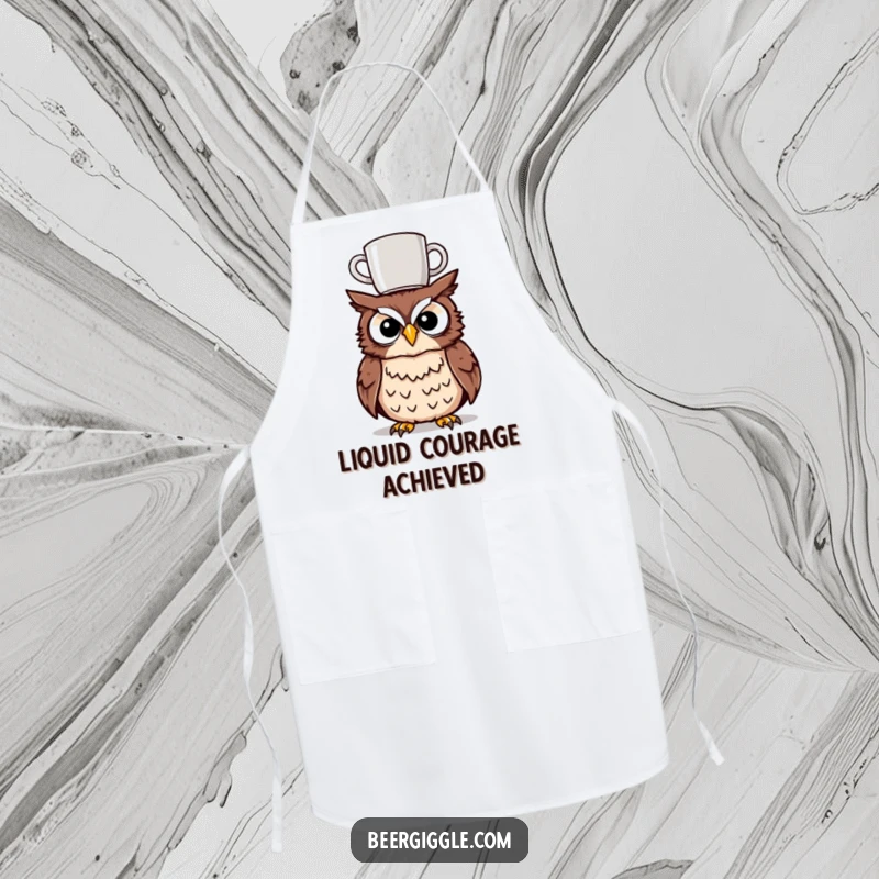 Funny tipsy owl apron, a character with a mug on its head, perfect for kitchen use and adding humor to cooking.