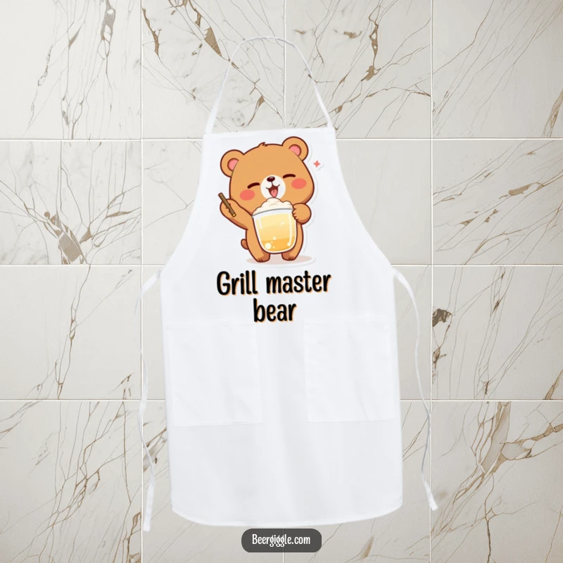 Funny Bear Winking Apron: A delighted bear winks while balancing a foamy beverage, perfect for hilarious kitchen fun.
