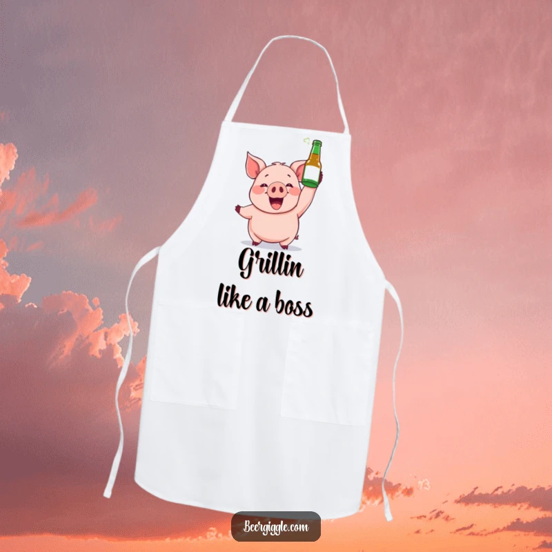 Funny apron showcasing a gleeful pig character holding a beer bottle aloft, adding humor to culinary adventures.