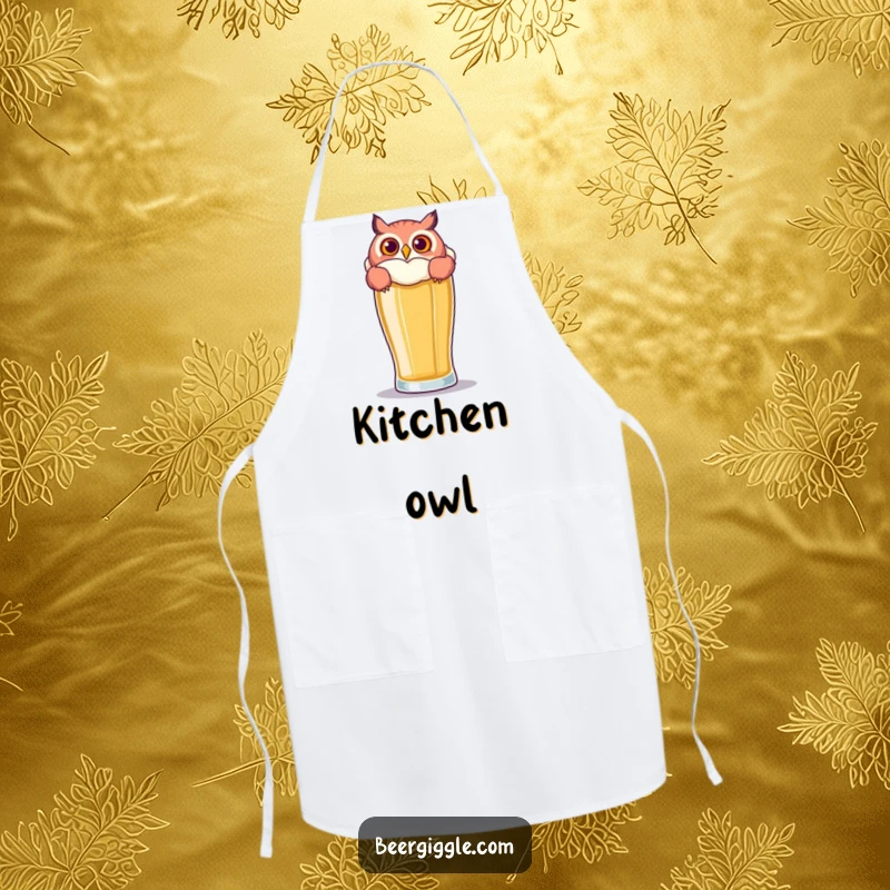 Funny Owl Beer Apron: A playful owl peers over a large beer glass, perfect for hilarious kitchen observation.