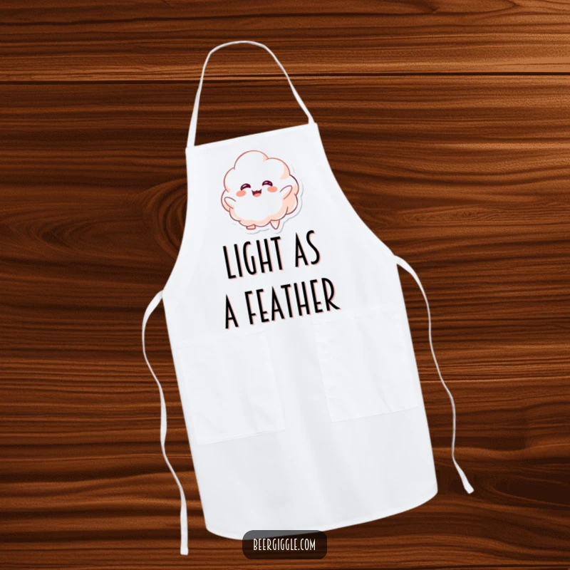 Funny kawaii foamy character giggling while floating upwards on a cooking apron, perfect for kitchen fun. Great gift.