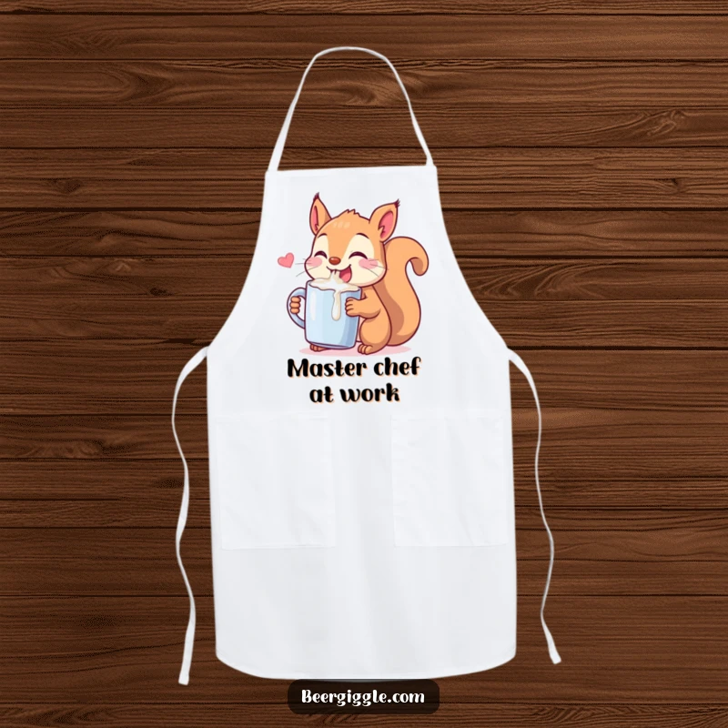 Funny Kawaii Squirrel Chugging Apron: A mischievous squirrel drinking from a small mug. Humorous and practical kitchen wear.