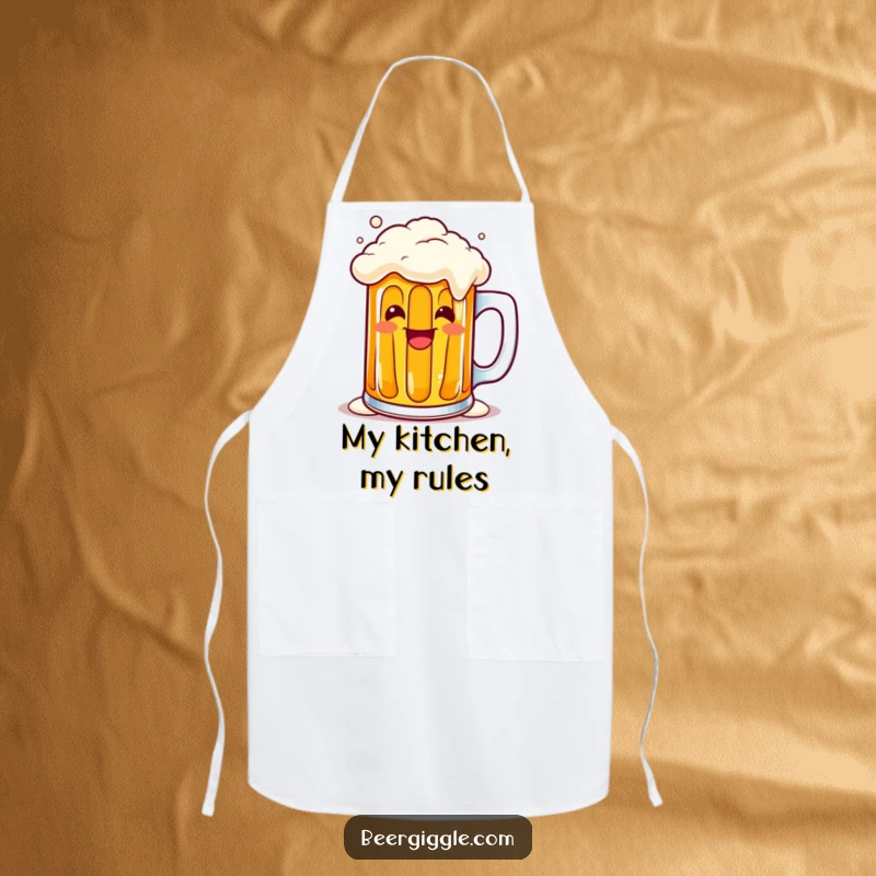 Funny kawaii beer mug overflowing with a cheerful grin on a cooking apron, adding humor to the kitchen. Ideal gift.