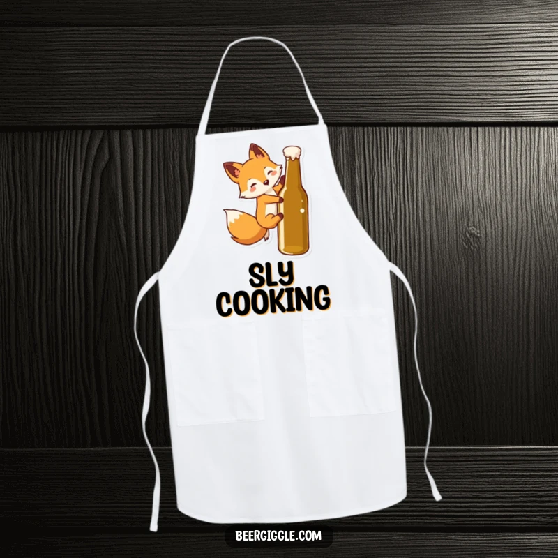 Funny Kawaii Fox Apron: Cute fox character slides down a beer bottle, adding a humorous and playful element to kitchen wear.