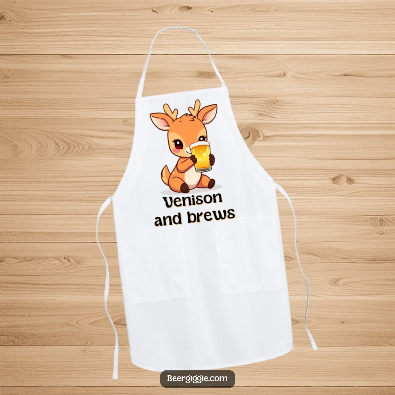 Funny Apron featuring a charming deer holding a beer glass, ideal for chefs who appreciate nature-inspired designs.