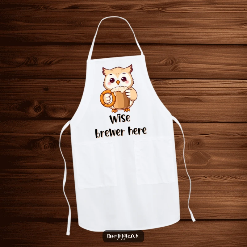 Funny Kawaii Owl Apron: Cute owl character clinks a pretzel mug while cooking, adding humor to the kitchen.