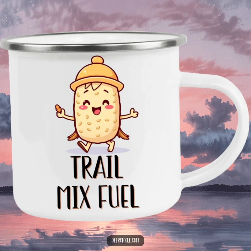 Funny kawaii barley character joyfully marching with a mini foam hat on a camping mug, durable and cheerful for adventures. Great gift.