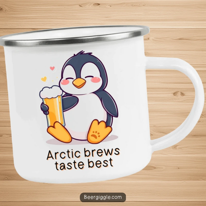 Funny Kawaii Penguin Beer Camping Mug: A content penguin relaxing with a cold beer in an outdoor setting. Durable and humorous for adventurers.