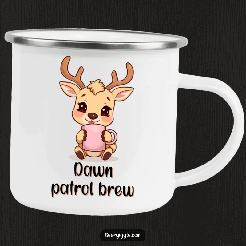 Funny deer character smiling with an antler mug, enamel camping mug, durable and portable for outdoor use.
