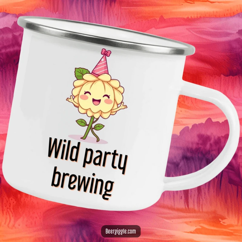 Funny hops flower camping mug, enamel, cheerful, wearing a tiny party hat, dancing, outdoor gear, humorous beverage holder.
