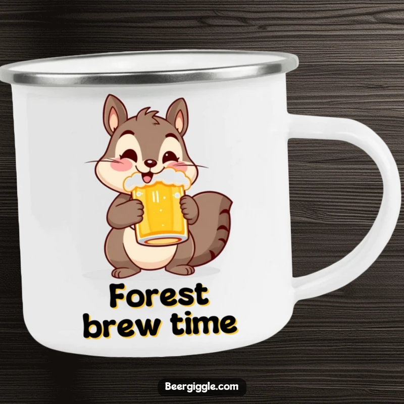 Funny camping mug with a cheerful squirrel character holding a beer mug, perfect for outdoor adventures and enjoying drinks with woodland charm.
