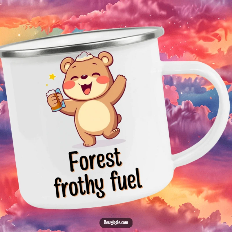 Funny bear beer dance camping mug, showing a cheerful bear celebrating with a frothy beer, ideal for outdoor enthusiasts.