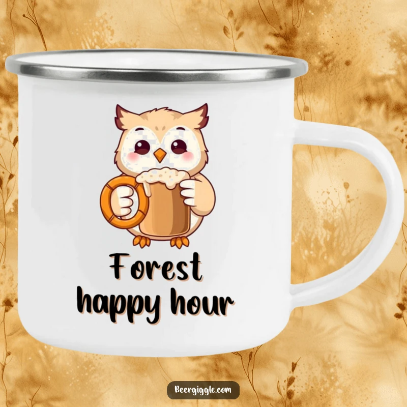 Funny Kawaii Owl Camping Mug: Sturdy mug shows a cute owl clinking a pretzel, ideal for outdoor humor.