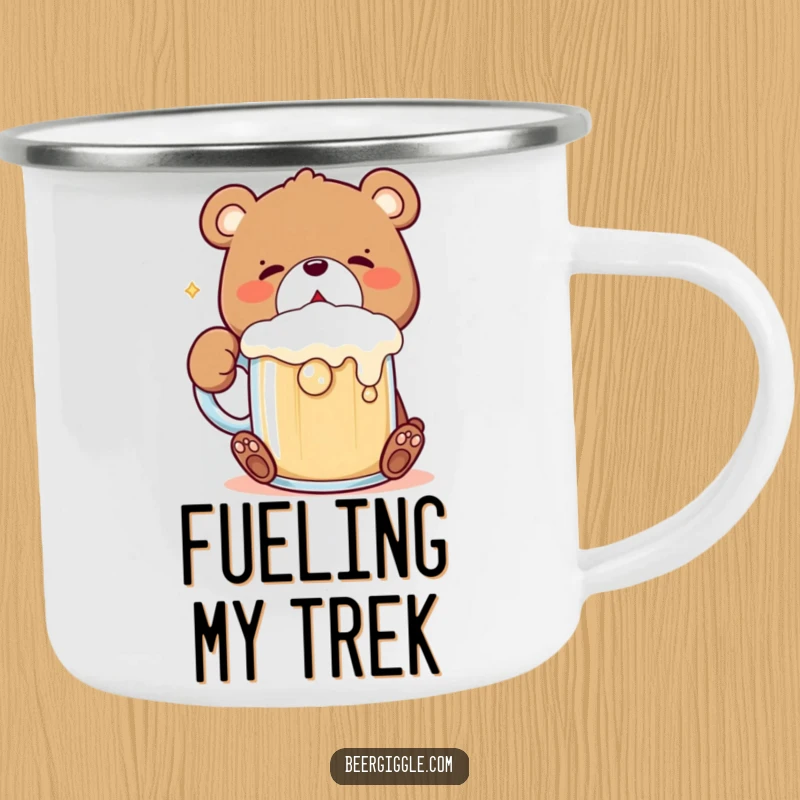 Funny Kawaii Bear Camping Mug: Sturdy mug shows a cute bear gulping a frothing mug, perfect for outdoor refreshment and humor.