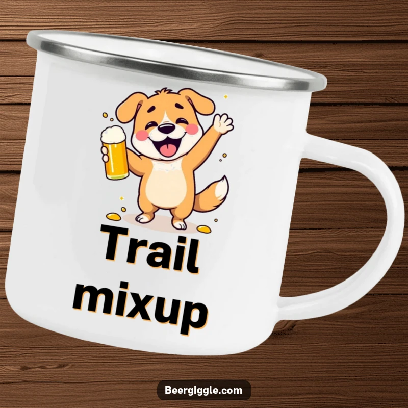 Funny dancing dog camping mug, a character spilling beer while celebrating, built for outdoor fun and laughter.