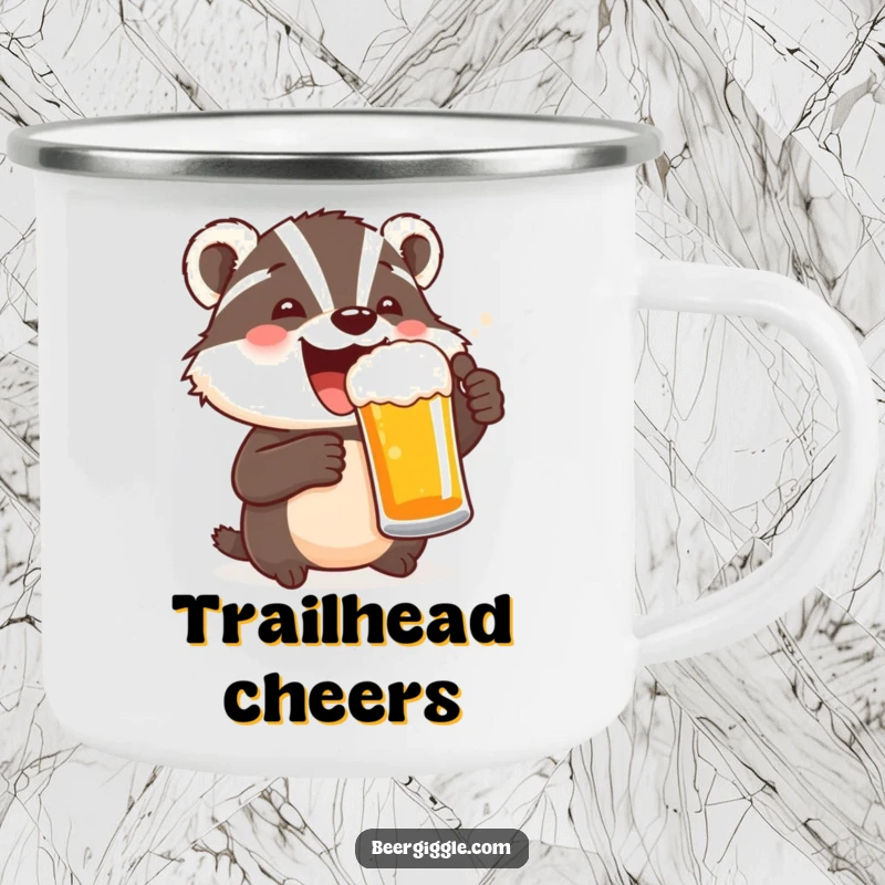 Funny camping mug depicting a delighted badger toasting with a beer mug, perfect for outdoor celebrations.